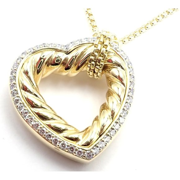 David Yurman Cable 18k Yellow Gold Diamond Large Heart Pendant Chain Necklace - Picture 2 of 8